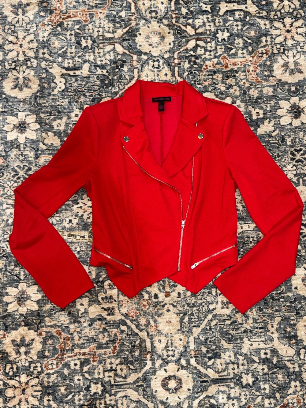 Material Girl Red Moto Blazer with Asymmetrical Zip